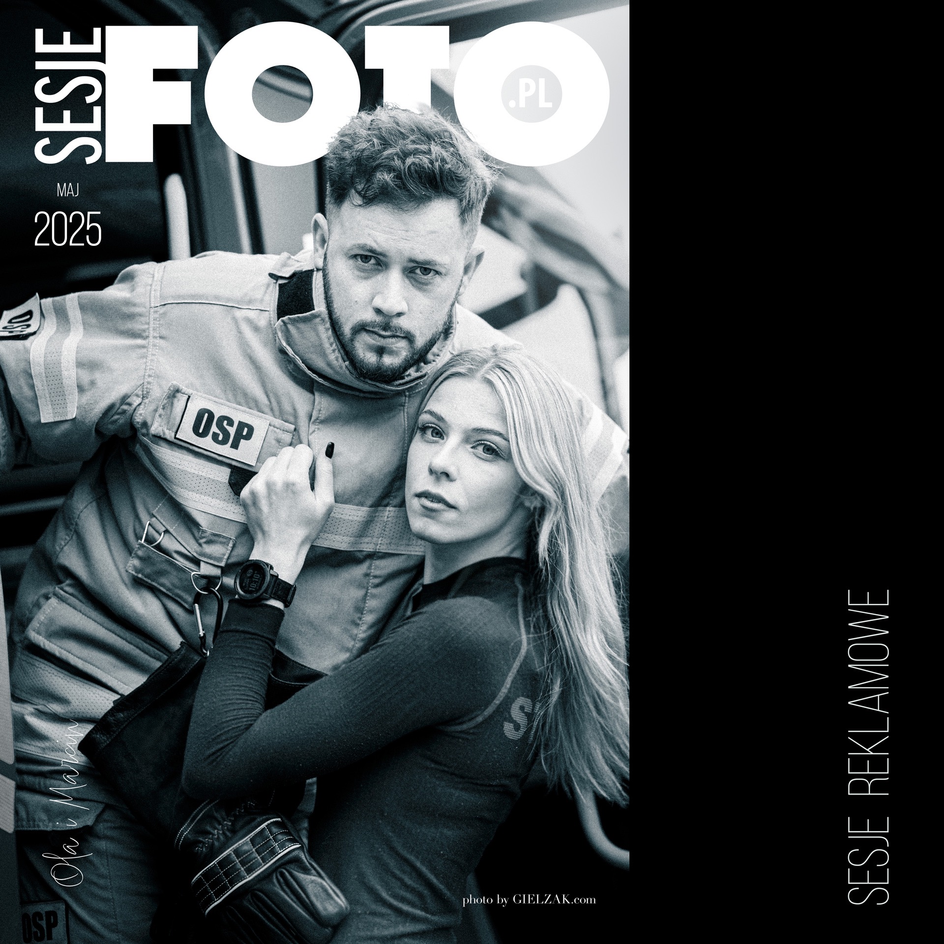 Czarno-biała sesja reklamowa: strażak OSP z brodą i blondynka z tekstem 'Sesje Reklamowe' na czarnym tle. Widoczne logo 'Sesje Foto.pl' i data 'Maj 2025'.