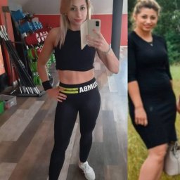 Kale Poradnia dietetyczna - Kobieta w sportowym stroju robi selfie na tle sali z obciążeniami, obok kolaż jej zdjęcia przed i po odchudzaniu.