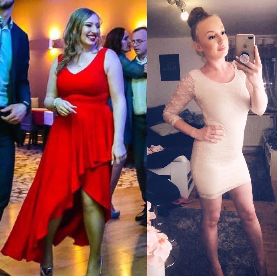 Kolaż zdjęć kobiety przed i po, prezentujący efekt zmiany sylwetki, ujęcie z różnych perspektyw i w różnych strojach.