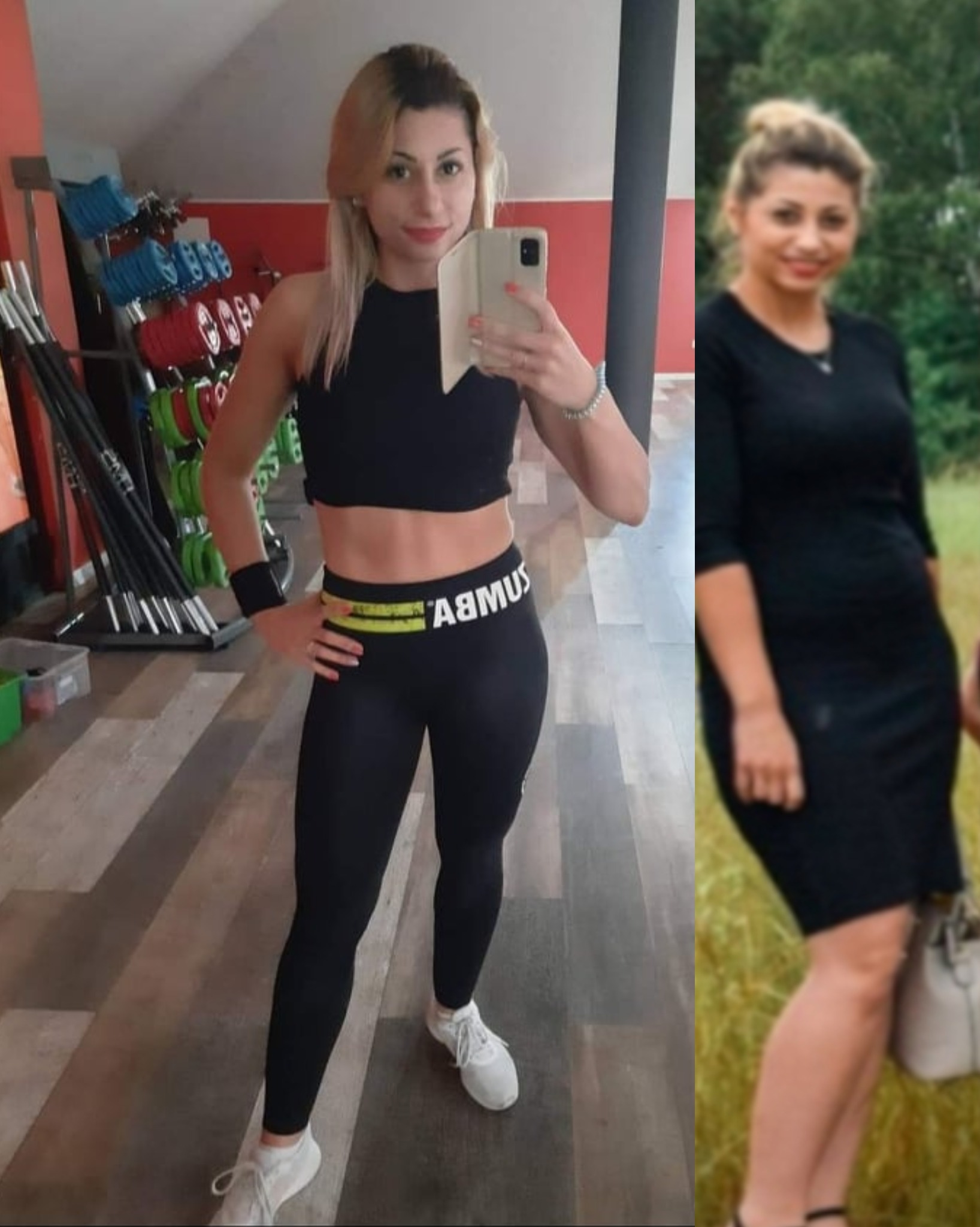 Kobieta w sportowym stroju robi selfie na tle sali z obciążeniami, obok kolaż jej zdjęcia przed i po odchudzaniu.