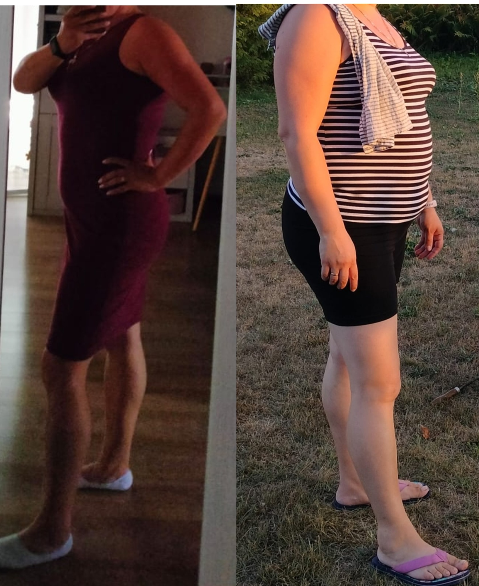 Porównanie sylwetki kobiety przed i po zmianie diety, widoczne zmiany w figurze.