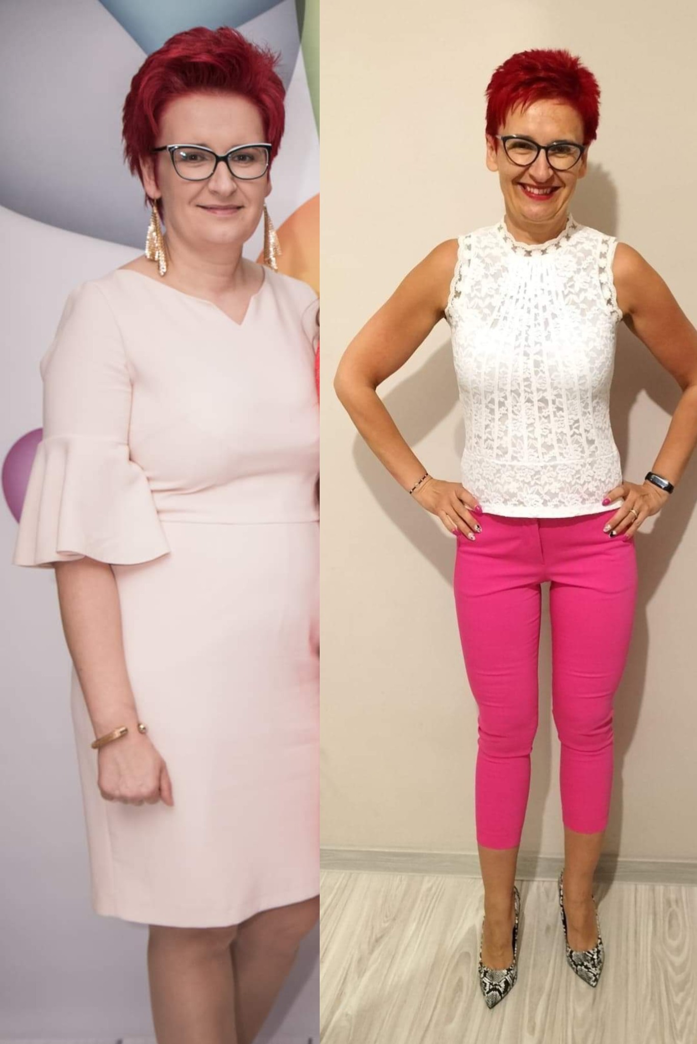 Kobieta z czerwonymi włosami prezentuje metamorfozę sylwetki: zdjęcie 'przed' w pudrowej sukience z falbanami i 'po' w koronkowej bluzce i różowych spodniach.