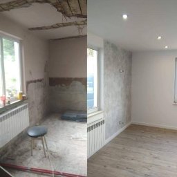 Grzegorz Wojdyła Gregor Bau - Zdjęcie przedstawia porównanie stanu pokoju przed i po remoncie: po lewej stronie surowy stan z odsłoniętą konstrukcją sufitu, nieotynkowanymi ścianami i starym grzejnikiem; po prawej stronie...