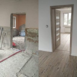 Grzegorz Wojdyła Gregor Bau - Porównanie stanu przed i po: surowy otwór drzwiowy z resztkami tynku kontra nowo zamontowane, drewniane drzwi z przeszkleniami w wykończonym wnętrzu z panelami podłogowymi.