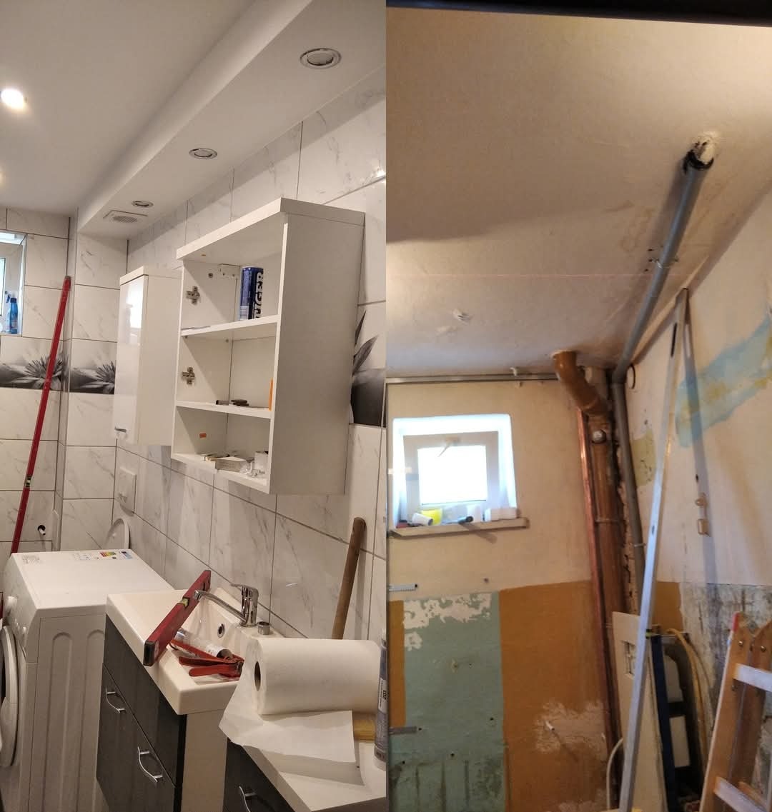 Porównanie stanu łazienki przed i w trakcie remontu: po lewej umywalka z szafką, pralka i wiszące szafki na tle marmurowych płytek, po prawej surowy stan z widocznymi rurami, oknem i resztkami...