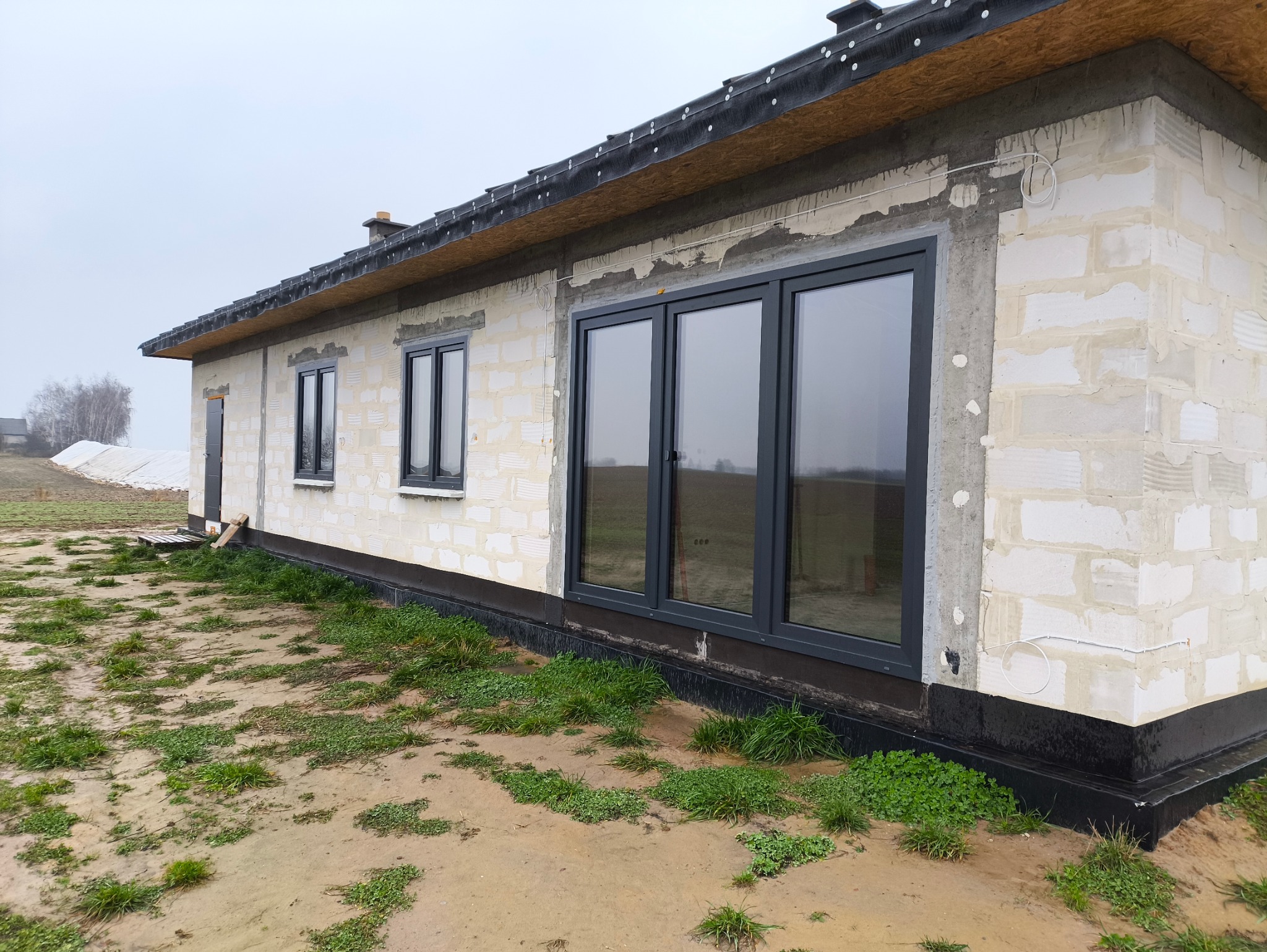 Surowy budynek z szarej cegły z zamontowanymi, dużymi oknami w grafitowych ramach, widok z zewnątrz na trawnik z fragmentami błota, pochmurne niebo.