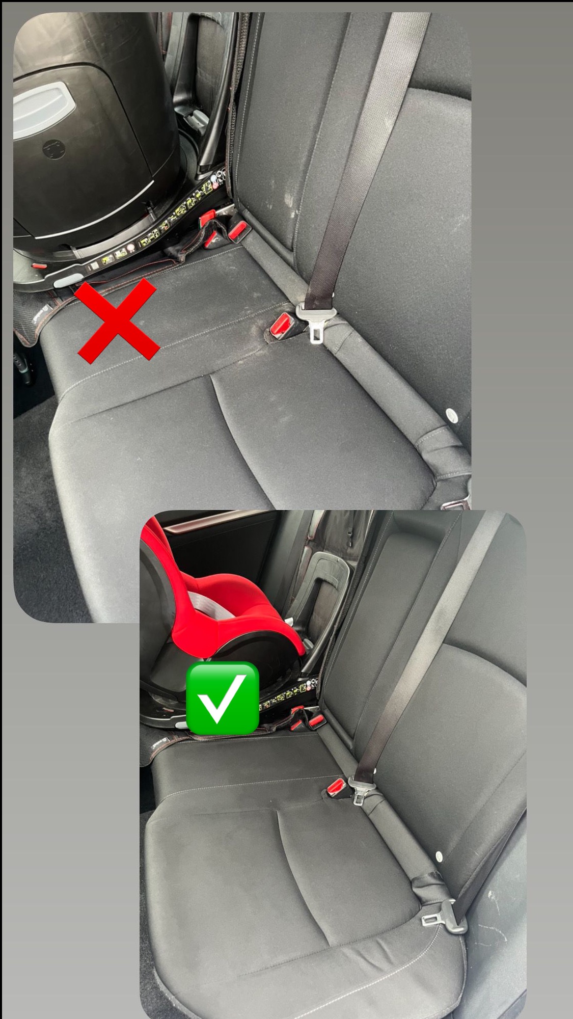 Porównanie tylnej kanapy samochodowej przed i po czyszczeniu: widoczne plamy i zabrudzenia na górnym ujęciu z czerwonym krzyżykiem oraz czysta tapicerka na dolnym ujęciu z zielonym znakiem...