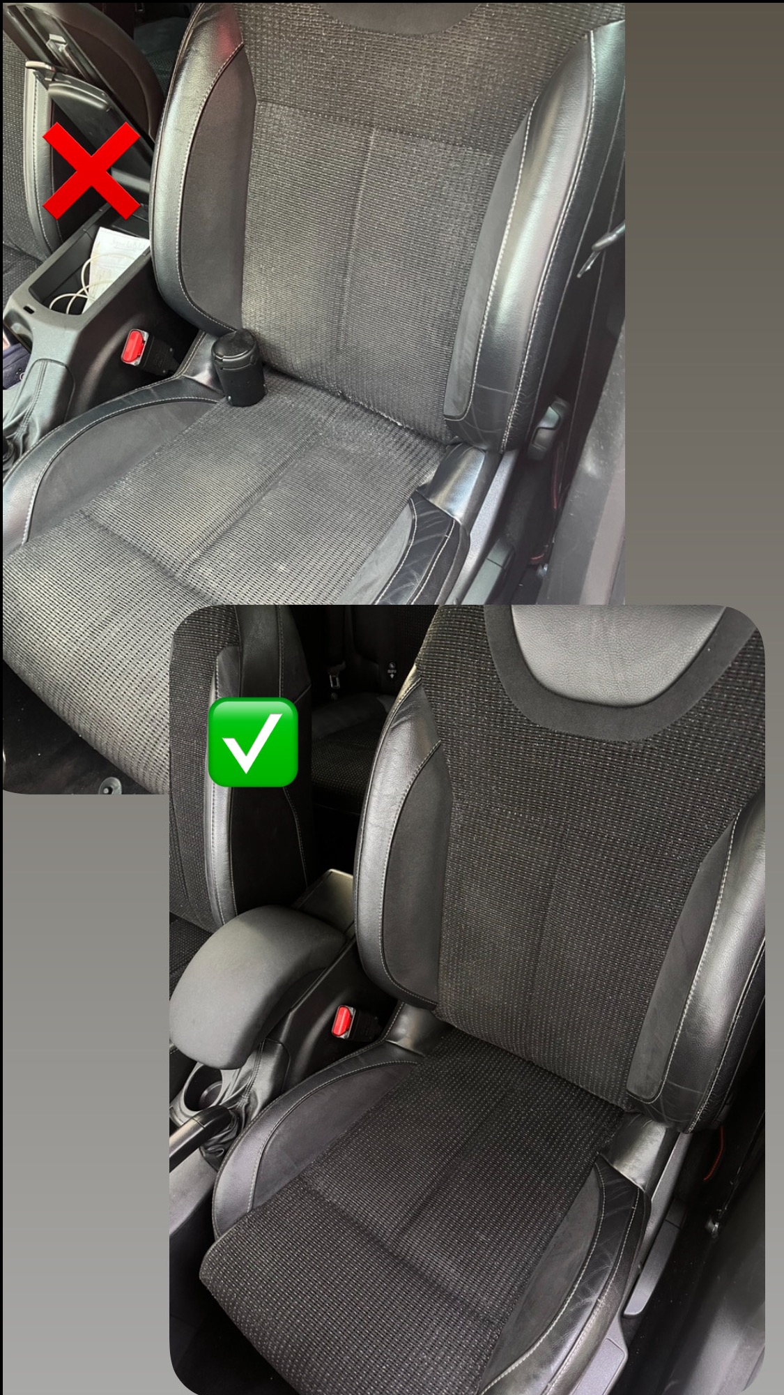 Porównanie fotela samochodowego: górne ujęcie przed czyszczeniem z czerwoną ikoną X, dolne ujęcie po czyszczeniu z zieloną ikoną haczyka, ukazujące różnicę w wyglądzie tapicerki.