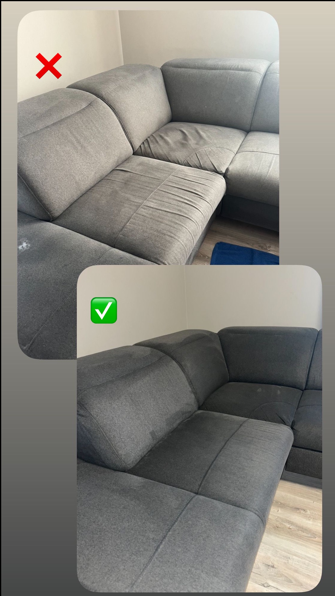 Porównanie: Szara, narożna kanapa modułowa przed i po praniu tapicerki. Górna część zdjęcia ukazuje zabrudzenia i plamy, oznaczona czerwonym krzyżykiem. Dolna część, oznaczona zielonym ptaszkiem...