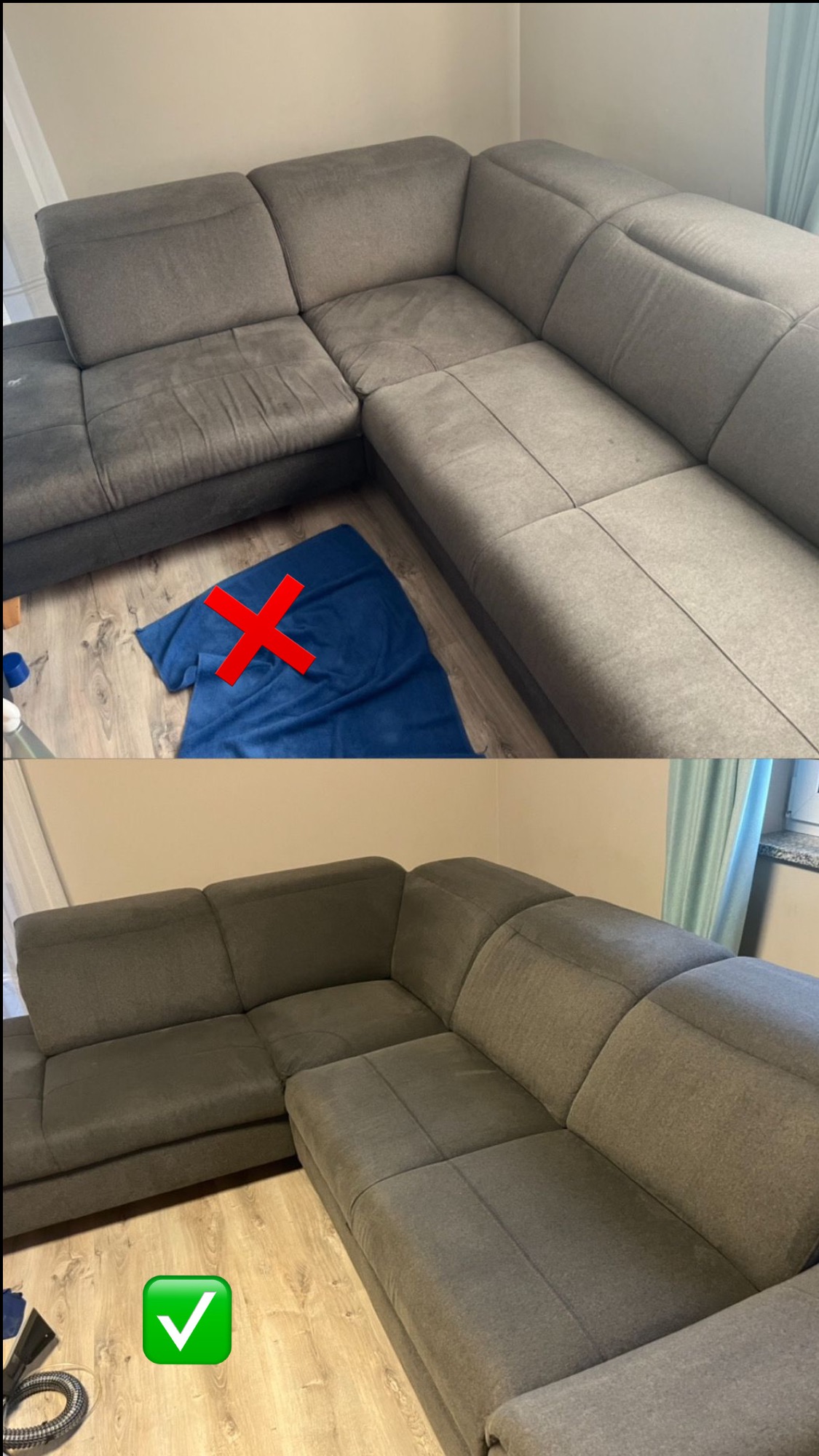 Porównanie stanu narożnika przed i po czyszczeniu: widoczna różnica w odcieniu i czystości tapicerki na dwóch ujęciach.