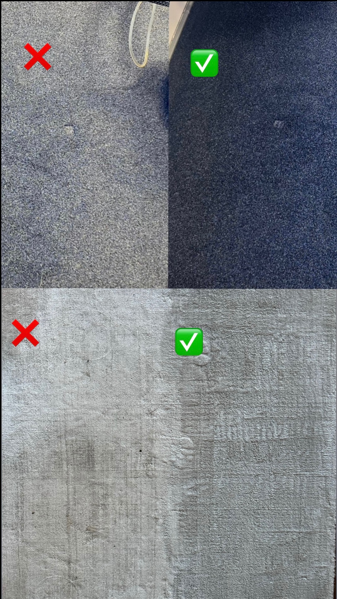 Porównanie: połowa powierzchni dywanu i tapicerki meblowej przed i po procesie czyszczenia, widoczne różnice w kolorze i usuniętych plamach.