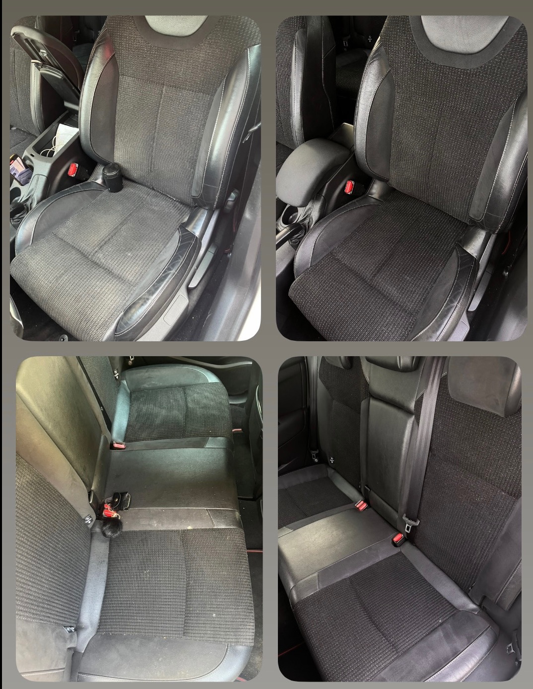 Cztery ujęcia wnętrza samochodu przed i po czyszczeniu tapicerki: przednie fotele skórzano-materiałowe z widocznymi zabrudzeniami, tylna kanapa z pasami bezpieczeństwa, po prawej stronie widoczne...