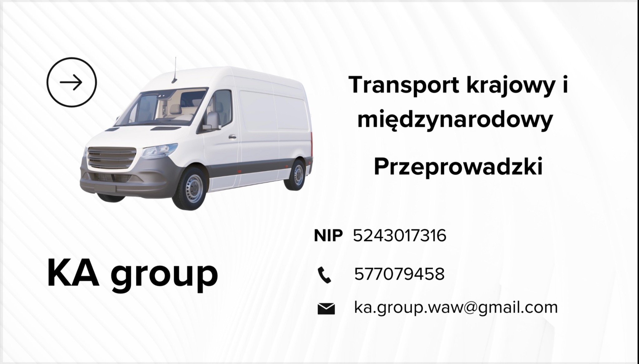 Grafika reklamowa firmy KA group: wizualizacja białego busa na jasnym tle z informacjami o transporcie krajowym i międzynarodowym, przeprowadzkach oraz danymi kontaktowymi.