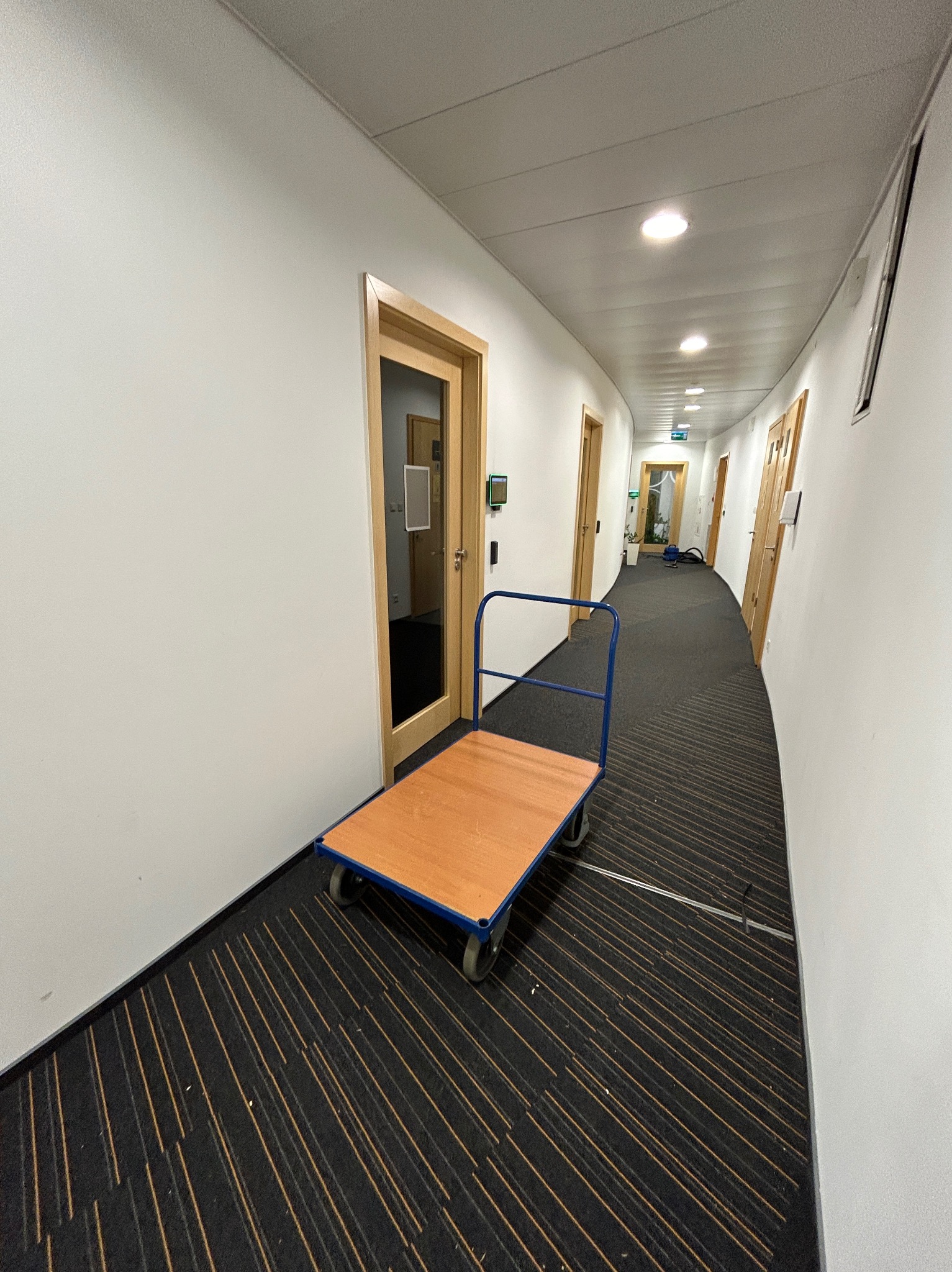 Pusty wózek transportowy z drewnianą platformą i niebieską ramą stoi na wykładzinie w długim, jasnym korytarzu biurowym w Warszawie, gotowy do załadunku.