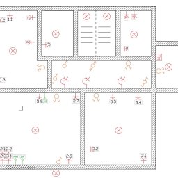 Schemat instalacji elektrycznej mieszkania z rozmieszczeniem punktów oświetleniowych i gniazd, widok z góry, z numeracją pomieszczeń i elementów.