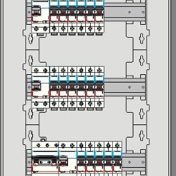 Schemat rozdzielnicy elektrycznej z trzema rzędami zabezpieczeń, widok z góry, ukazujący szczegóły instalacji i połączeń.
