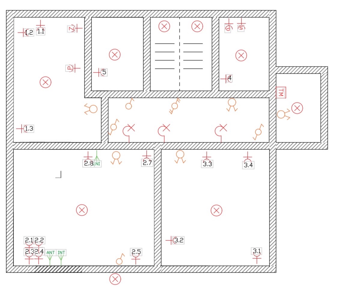 Schemat instalacji elektrycznej mieszkania z rozmieszczeniem punktów oświetleniowych i gniazd, widok z góry, z numeracją pomieszczeń i elementów.