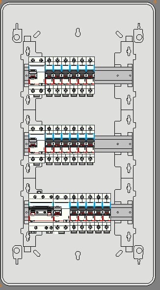 Schemat rozdzielnicy elektrycznej z trzema rzędami zabezpieczeń, widok z góry, ukazujący szczegóły instalacji i połączeń.