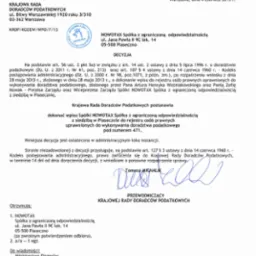 Skan decyzji Krajowej Rady Doradców Podatkowych o wpisie spółki do rejestru osób prawnych uprawnionych do wykonywania doradztwa podatkowego, z pieczęcią i podpisem.