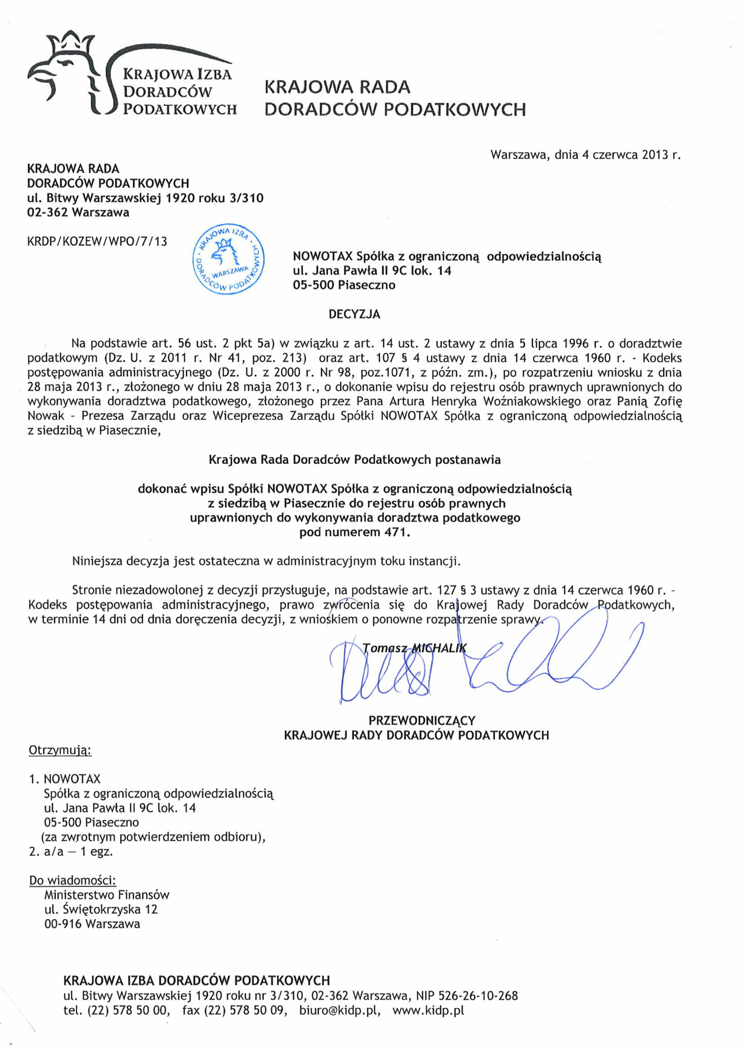 Skan decyzji Krajowej Rady Doradców Podatkowych o wpisie spółki do rejestru osób prawnych uprawnionych do wykonywania doradztwa podatkowego, z pieczęcią i podpisem.