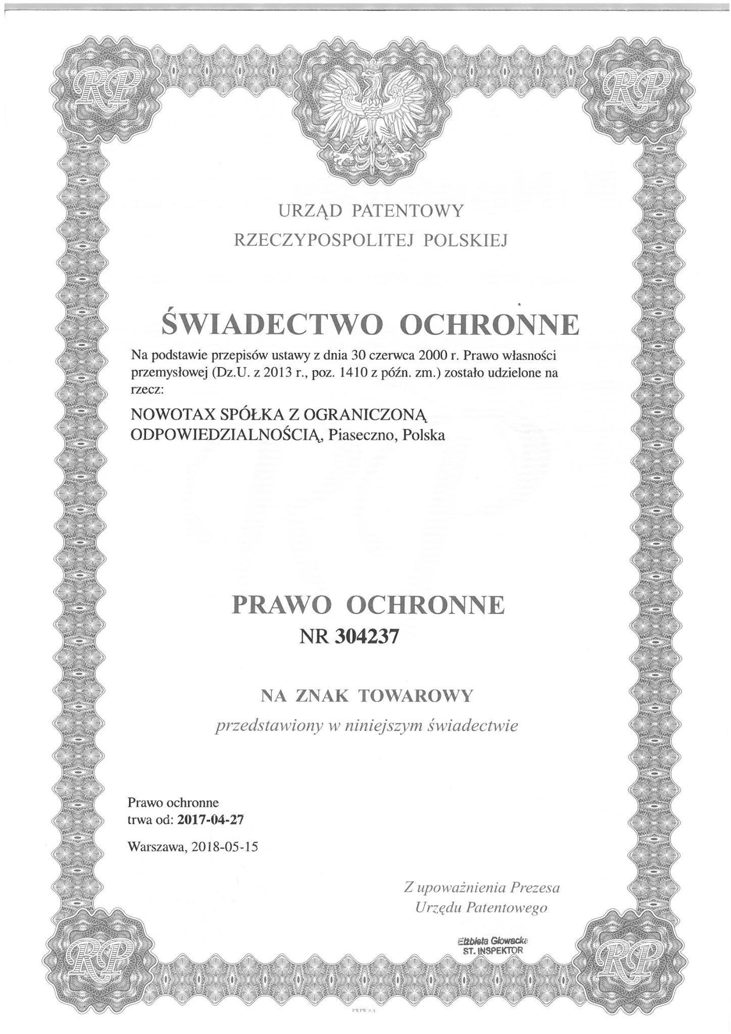 Skan świadectwa ochronnego Urzędu Patentowego Rzeczypospolitej Polskiej dla znaku towarowego firmy NOWOTAX Spółka z Ograniczoną Odpowiedzialnością, wydanego w Warszawie 2018-05-15.
