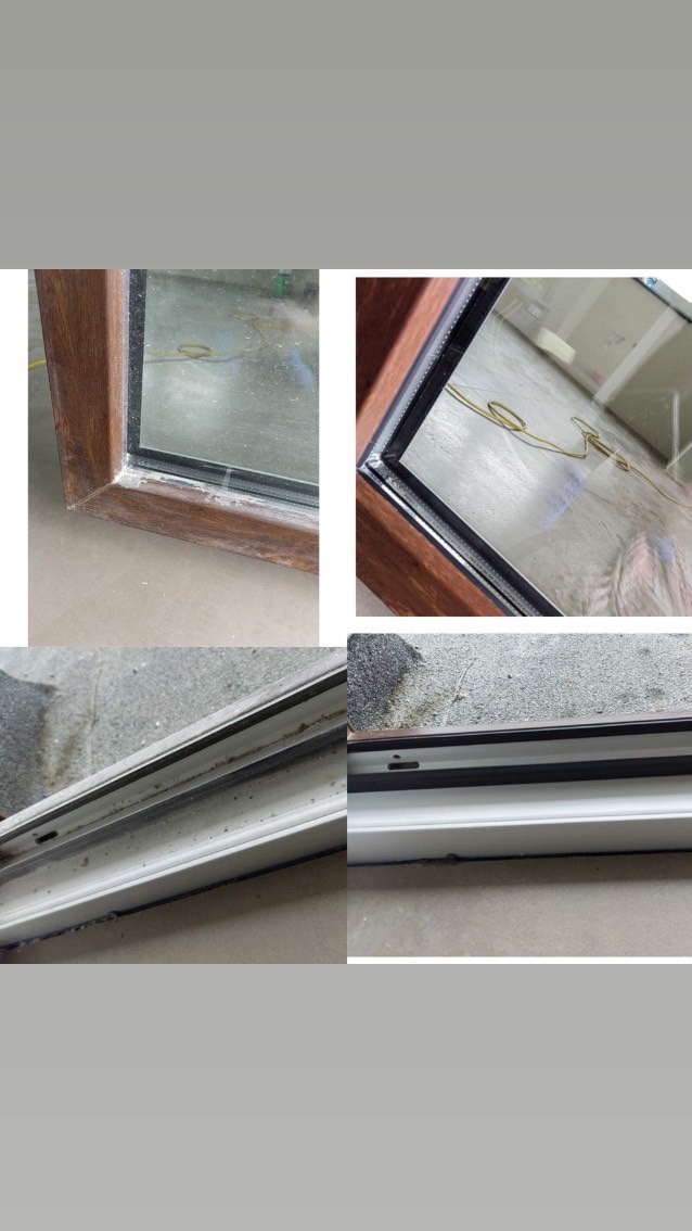 Cztery zbliżenia na brudne okno przed i po czyszczeniu w Częstochowie, uwidaczniające różnicę w czystości ramy i uszczelek.