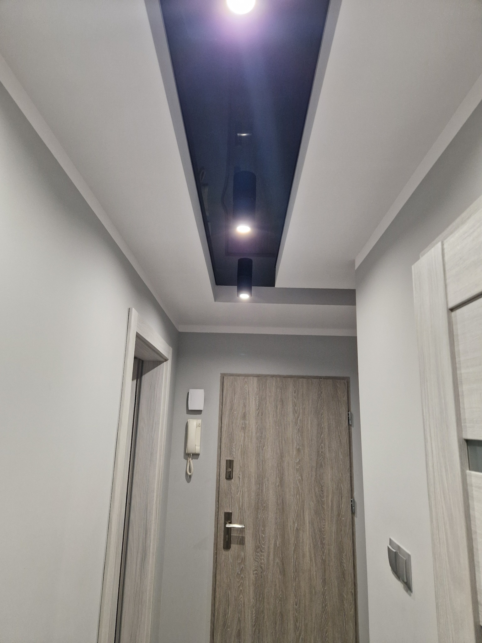 Korytarz w szarościach z podwieszonym sufitem w czarnym połysku i trzema punktowymi lampami, widoczne drzwi wejściowe i wewnętrzne z drewnopodobnym wykończeniem.