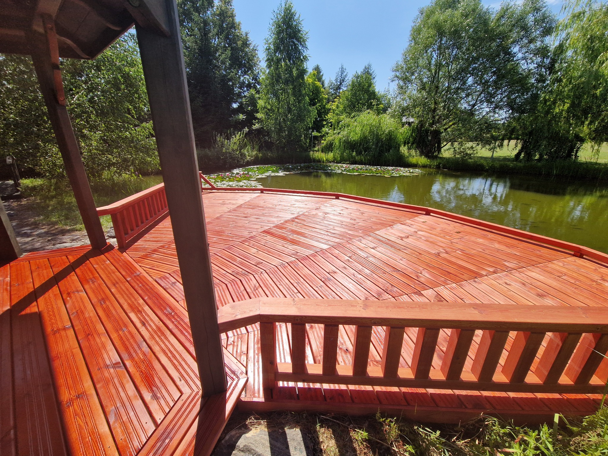 Zadaszona drewniana platforma nad stawem z liliami wodnymi, świeżo polakierowana na czerwono-brązowy kolor, otoczona zielenią drzew i krzewów w słoneczny dzień.