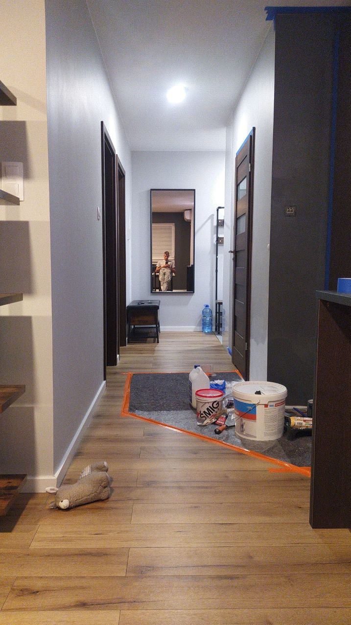 Korytarz w trakcie odświeżania: widoczne puszki z farbą, wałek malarski na folii ochronnej, świeżo pomalowane ściany w odcieniach szarości i brązu, w lustrze odbicie osoby w pomieszczeniu obok.