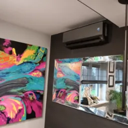 Nowoczesny klimatyzator LG w ciemnej obudowie, zamontowany w pokoju z obrazem i lustrem, oświetlony lampą wiszącą. Widoczny fragment okna z roletami.