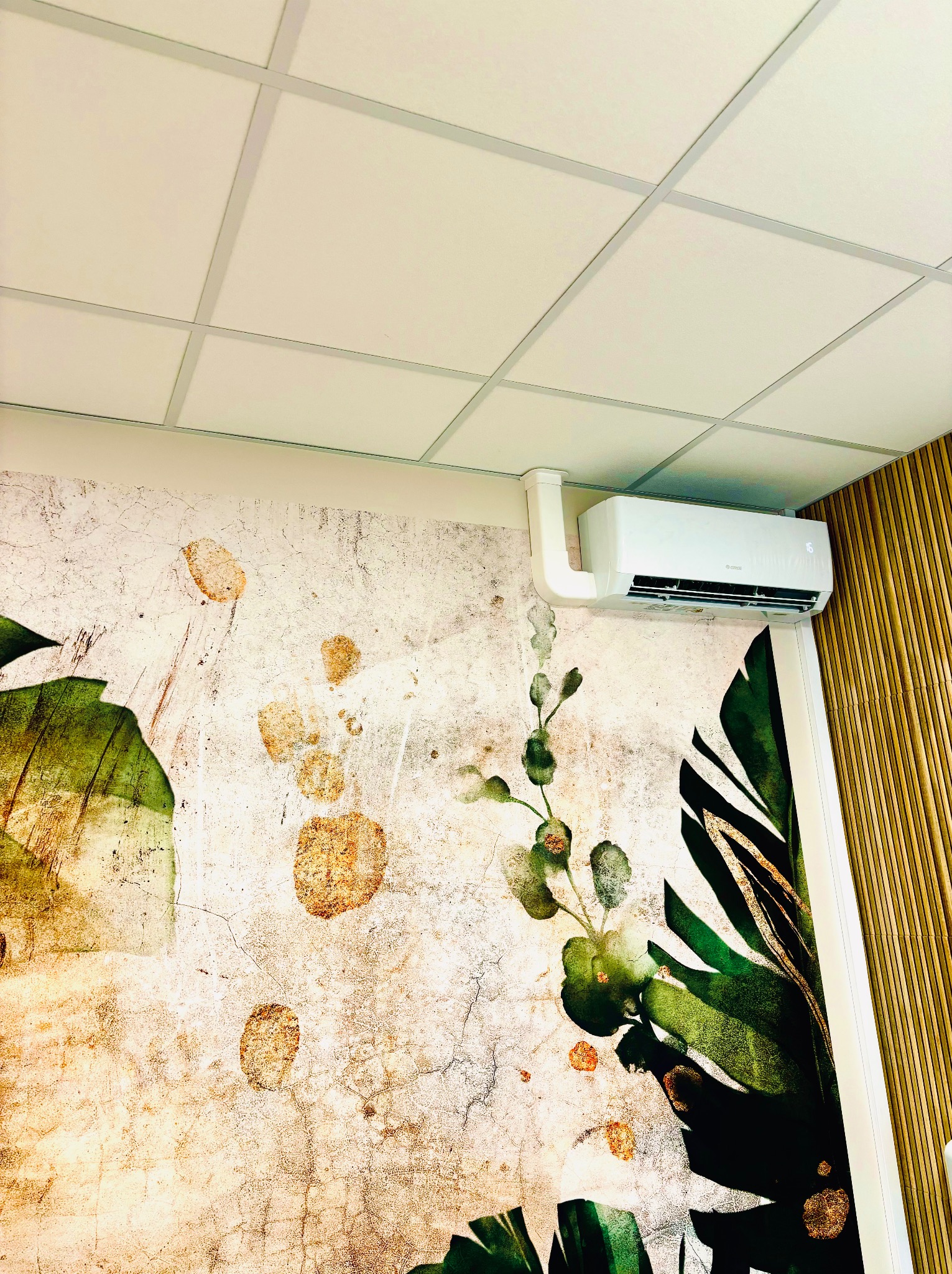 Biała klimatyzacja typu split na ścianie z motywem roślinnym i sufitem kasetonowym, widok z dołu, oświetlenie dzienne.