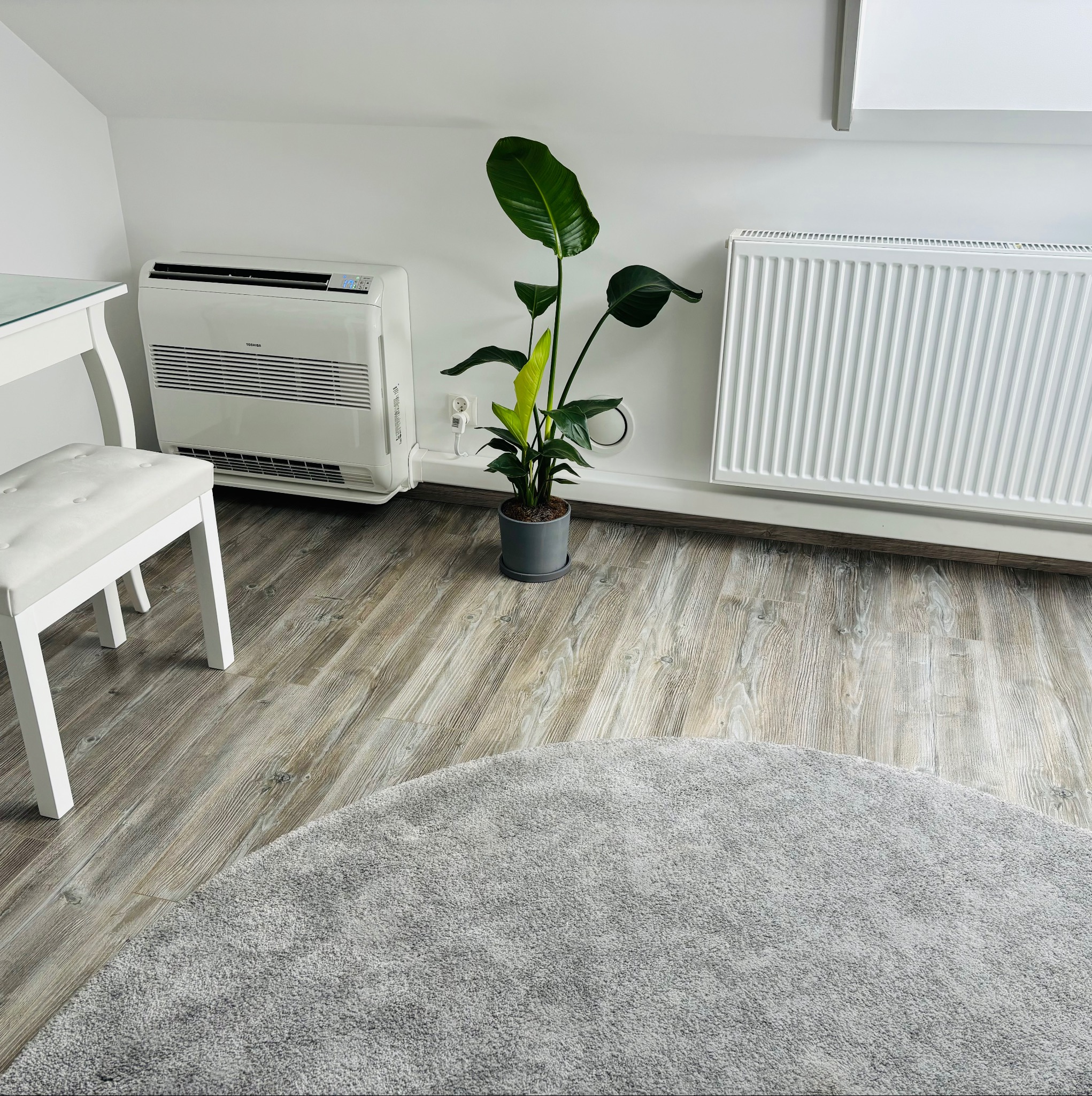 Biała klimatyzacja Toshiba typu split, stojąca na podłodze w jasnym pokoju, obok grzejnika i zielonej rośliny doniczkowej. Widoczny fragment krzesła i okrągły dywan.