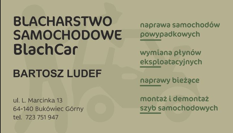 Wizytówka firmy BlachCar Bartosz Ludef oferującej naprawy powypadkowe, wymianę płynów eksploatacyjnych, naprawy bieżące oraz montaż i demontaż szyb samochodowych. Zawiera adres i numer telefonu.