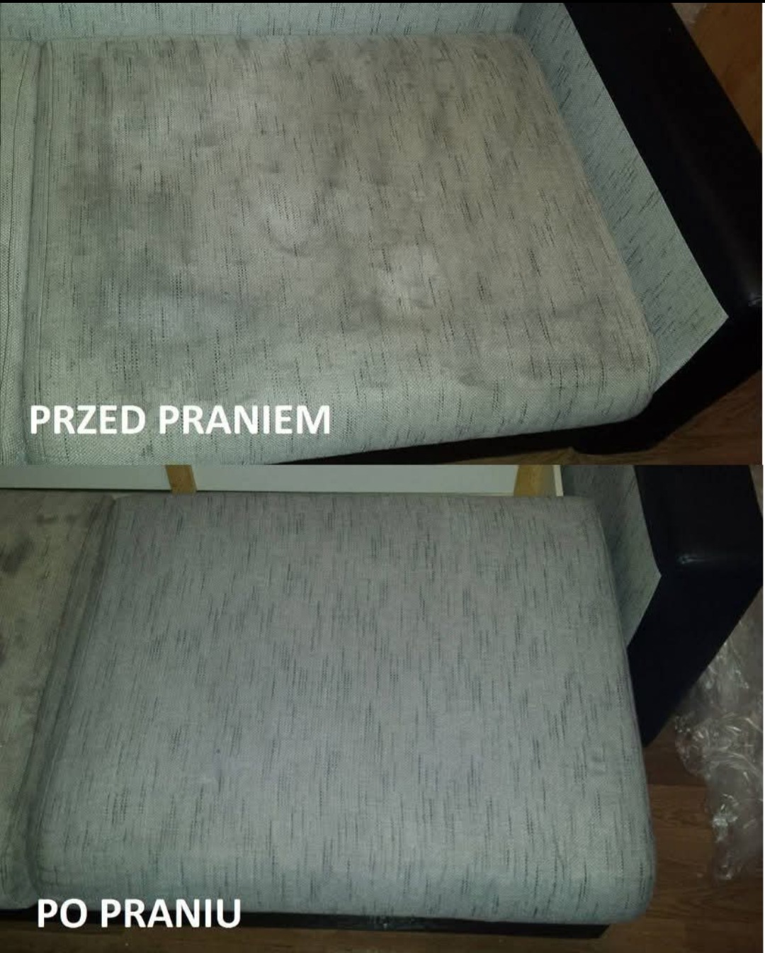Tapicerowane siedzisko kanapy w ujęciu 'przed i po' czyszczeniu. Widoczne wyraźne różnice w wyglądzie tkaniny, z usuniętymi plamami i zabrudzeniami.