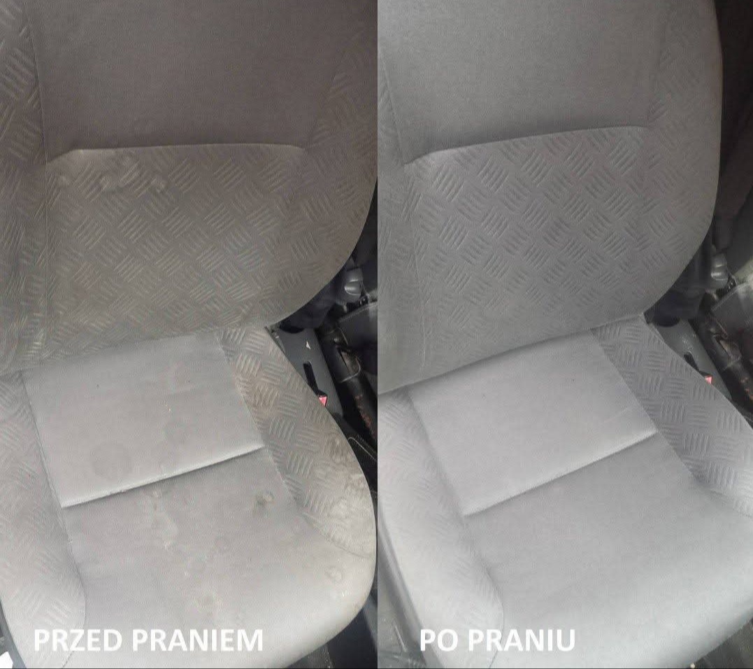 Tapicerka samochodowa przed i po czyszczeniu. Widoczne plamy usunięte, odświeżony wygląd materiału z charakterystycznym wzorem. Porównanie efektu prania.