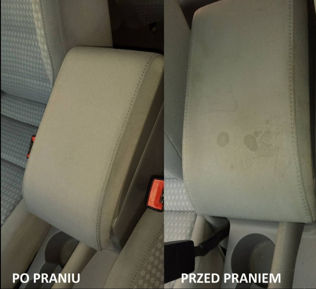 Tapicerowany podłokietnik samochodowy w ujęciu przed i po czyszczeniu. Widoczne plamy usunięte po praniu, zapięcie pasów bezpieczeństwa w kadrze.