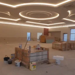 Wnętrze w trakcie prac wykończeniowych: widoczne gładkie ściany, dekoracyjny sufit z oświetleniem LED, materiały budowlane w pojemnikach i paletach, przygotowane do dalszych działań.