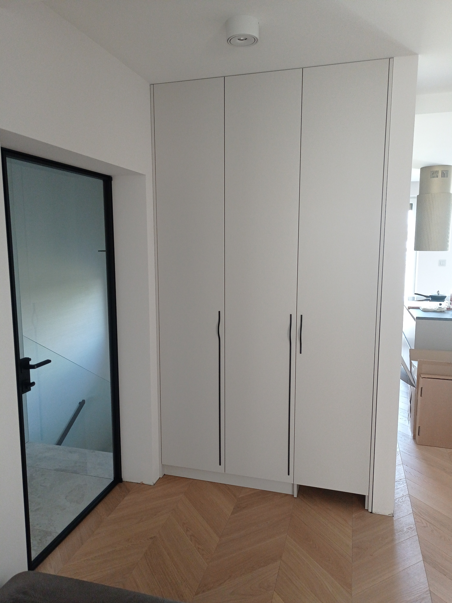 Biała szafa wnękowa z czarnymi, minimalistycznymi uchwytami, wkomponowana w jasne wnętrze z parkietem ułożonym we wzór jodełki, widoczna obok szklanych drzwi z czarną ramą.