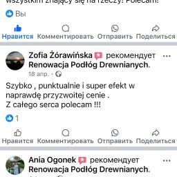 Parquette Sp. z o.o. - Zrzut ekranu z recenzjami użytkowników polecających renowację podłóg drewnianych, zawierający imiona i nazwiska recenzentów, daty opinii oraz teksty rekomendacji.