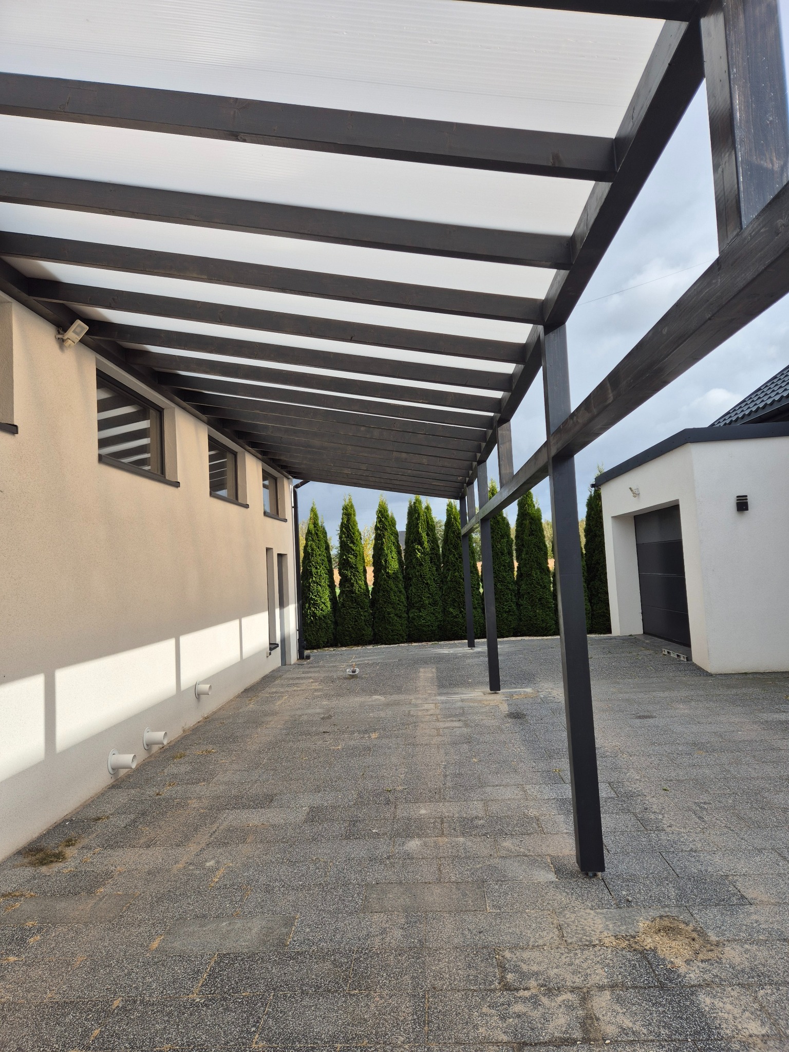 Nowoczesna pergola z ciemnego drewna i przezroczystym zadaszeniem, przylegająca do jasnego budynku z minimalistycznymi oknami. W tle rząd wysokich, zielonych tuj.