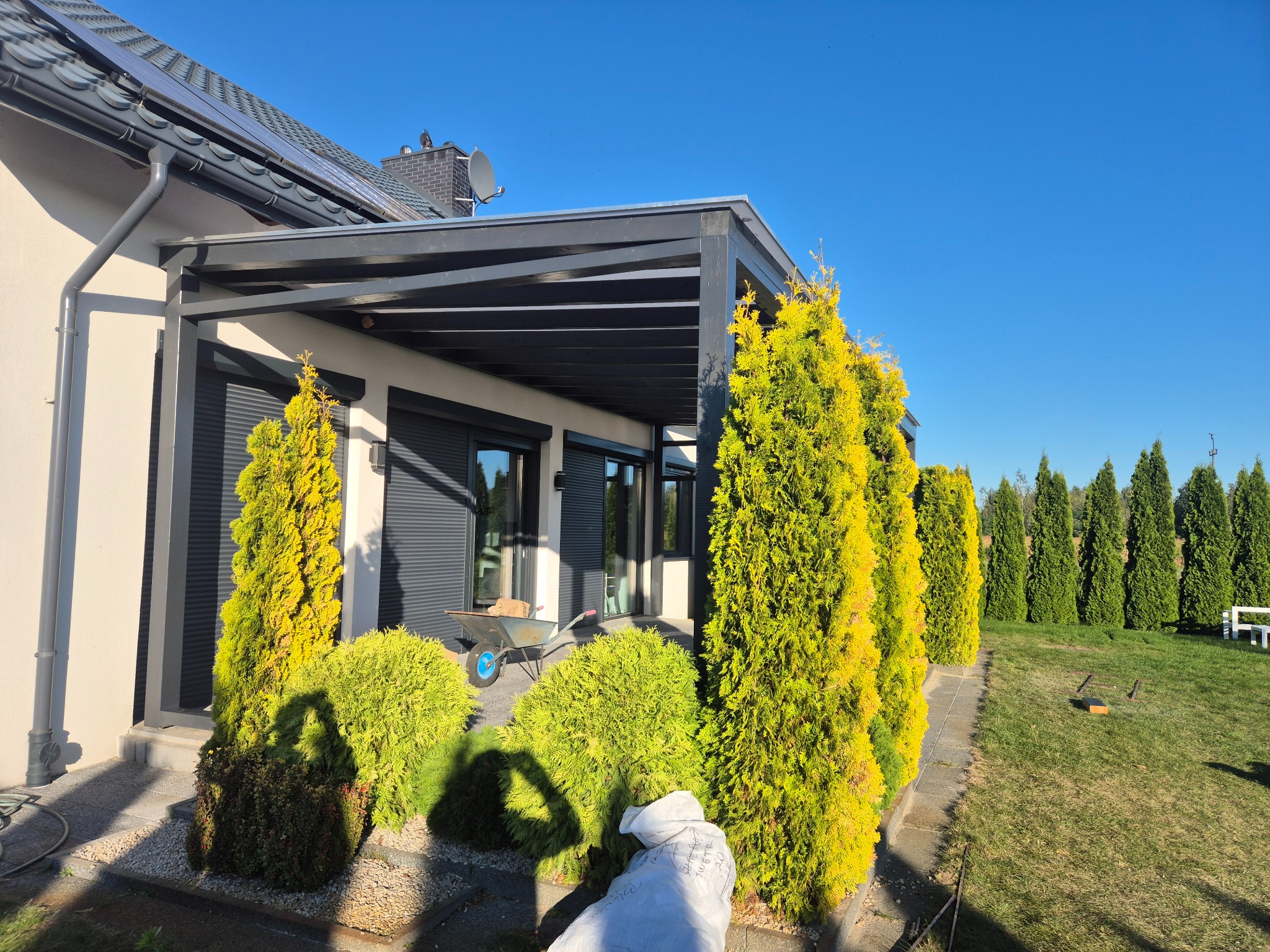 Nowoczesna pergola z ciemną konstrukcją przylegająca do jasnego domu, otoczona ozdobnymi krzewami i tujami. W tle błękitne niebo i fragment zadbanego trawnika.