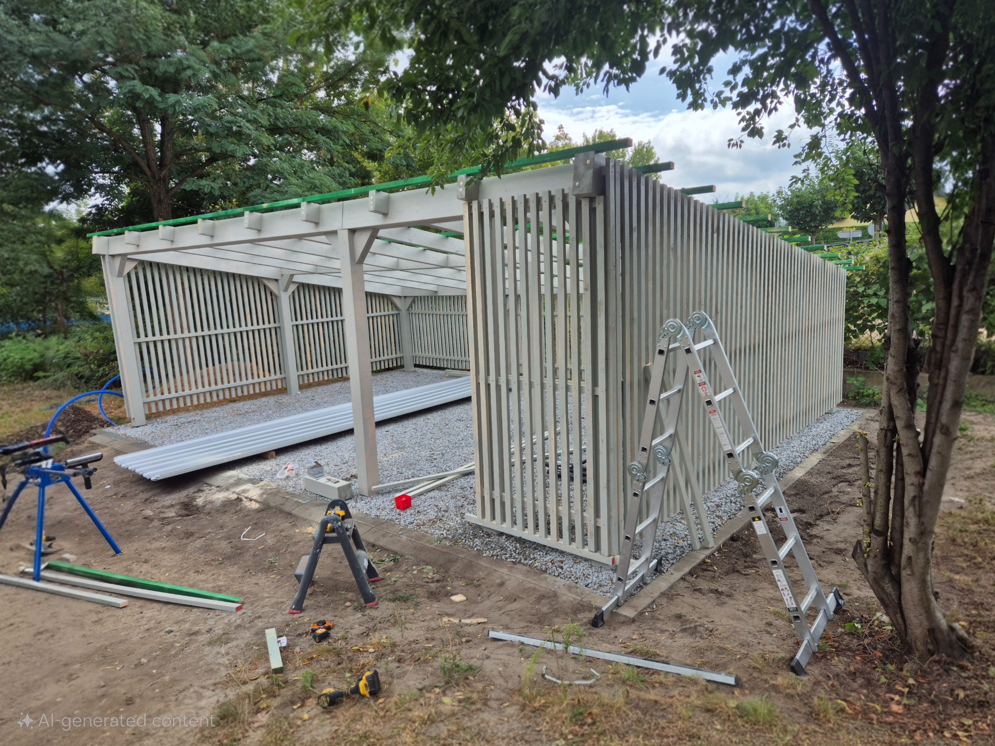 Konstrukcja z drewnianych listew w ogrodzie, częściowo zadaszona, z rozłożoną drabiną i narzędziami, w trakcie budowy, na tle zieleni.