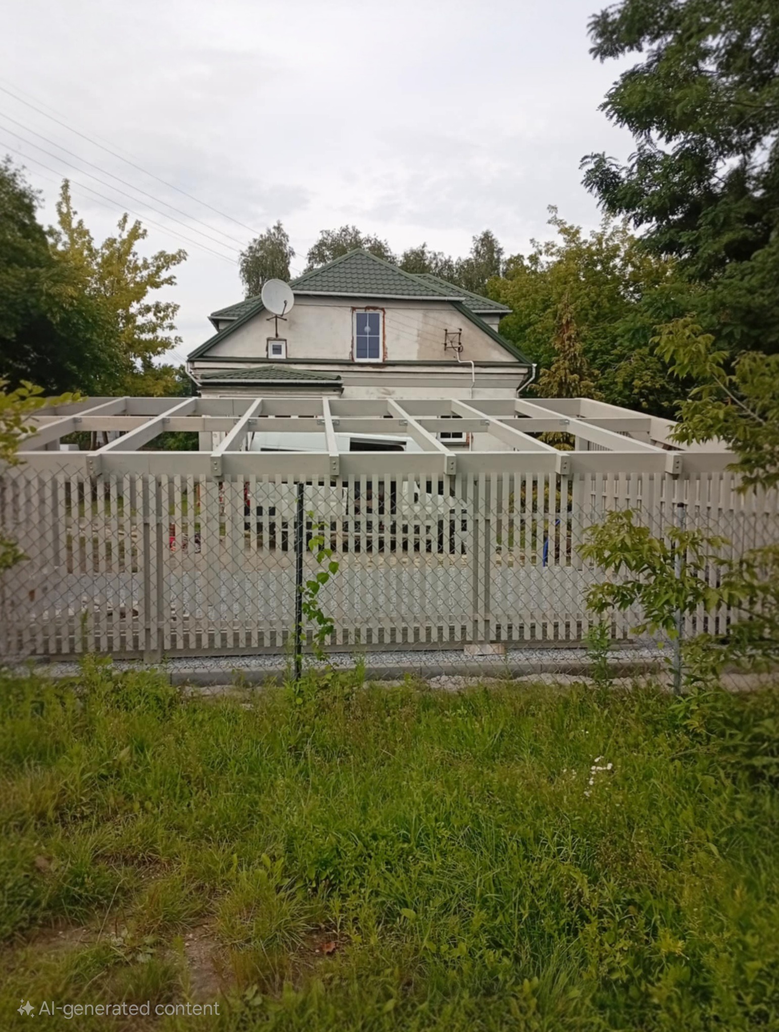 Dom z szarą elewacją i zielonym dachem, otoczony drewnianą konstrukcją i siatką ogrodzeniową. Widoczne drzewa i trawa. Pochmurne niebo w tle.