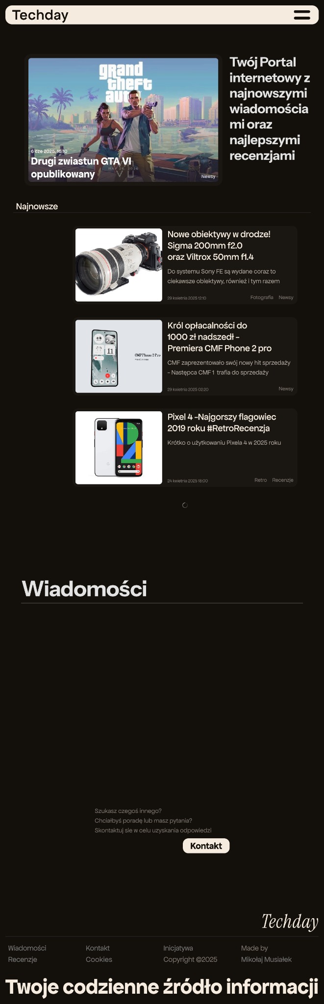 Strona internetowa Techday z nagłówkami wiadomości: zwiastun GTA VI, obiektywy Sigma, CMF Phone 2 pro i Pixel 4. Układ kolumnowy z ciemnym tłem.