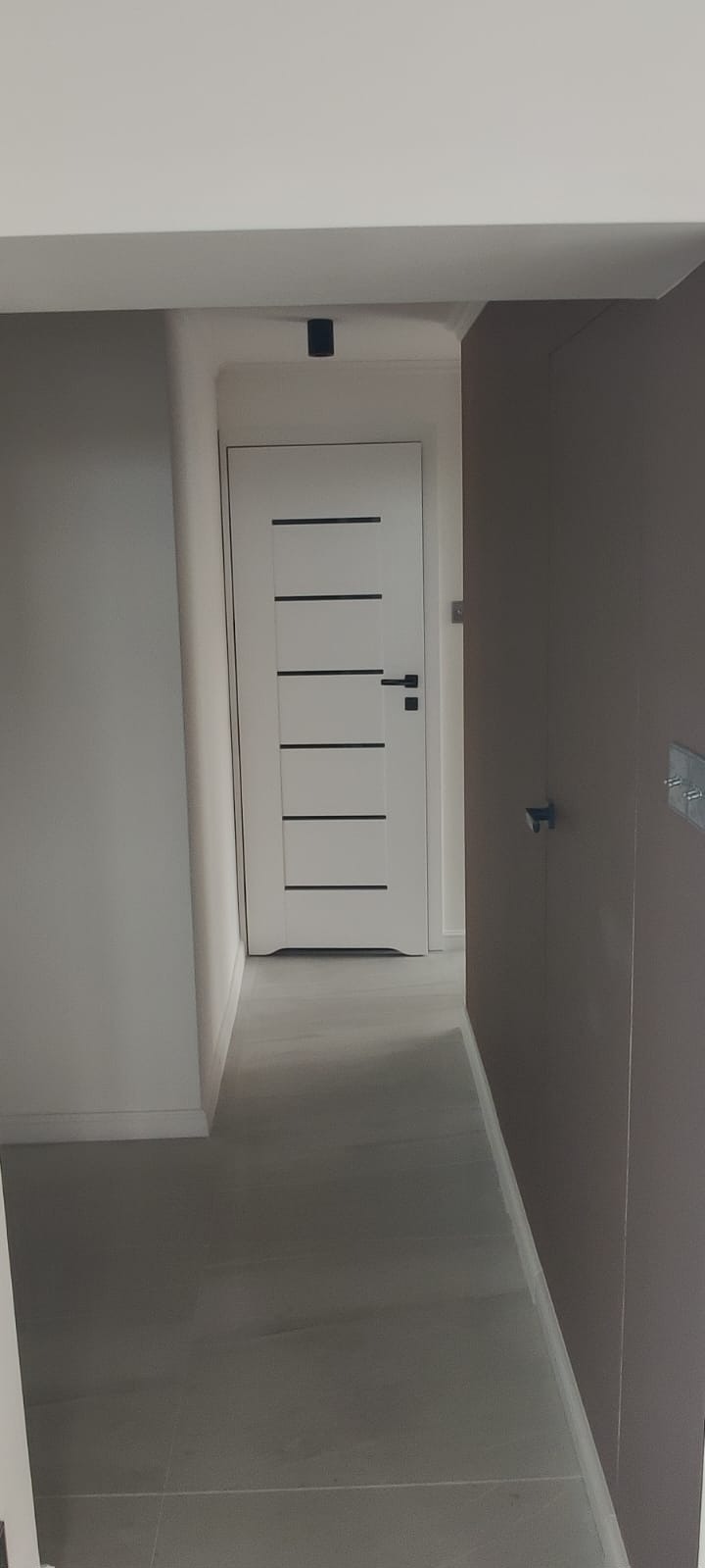 Nowoczesne, białe drzwi z czarnymi poziomymi paskami w minimalistycznym wnętrzu z szarą podłogą i ścianami w odcieniach szarości i brązu, oświetlone punktowo.