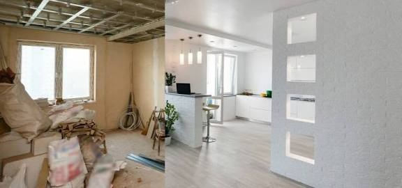 Remont mieszkania: zestawienie 'przed' - surowy pokój z workami gruzu i 'po' - nowoczesne, białe wnętrze z aneksem kuchennym i dekoracyjną ścianą z wnękami.