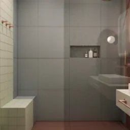 Minimalistyczna łazienka z szarymi płytkami imitującymi drewno, wnęką na kosmetyki, białym umywalką i miedzianymi akcentami.