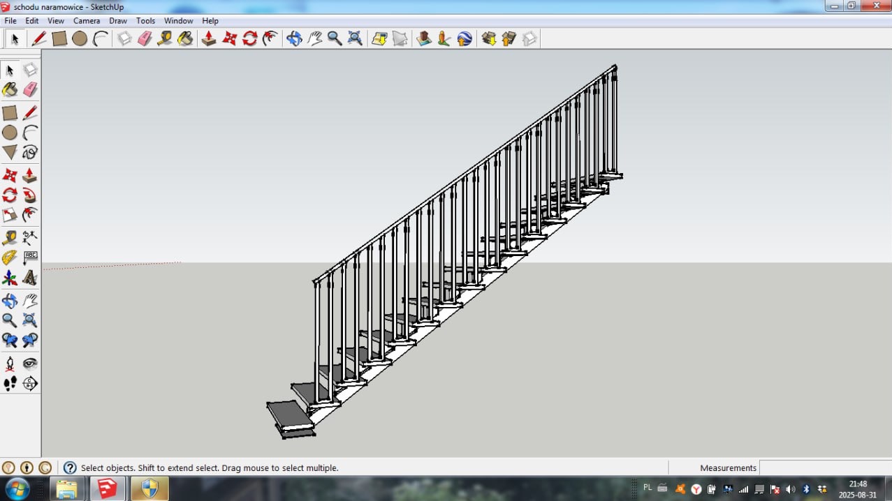 Szkic 3D schodów z metalową balustradą, widok z boku, wykonany w programie graficznym. Widoczne narzędzia programu i data w prawym dolnym rogu.