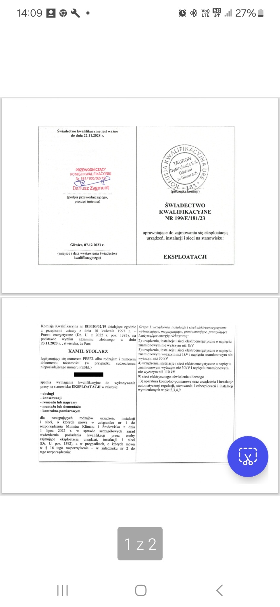 Skan dwóch stron świadectwa kwalifikacyjnego elektryka, uprawniającego do eksploatacji urządzeń, instalacji i sieci elektroenergetycznych, wydanego przez Tauron Dystrybucja S.A.