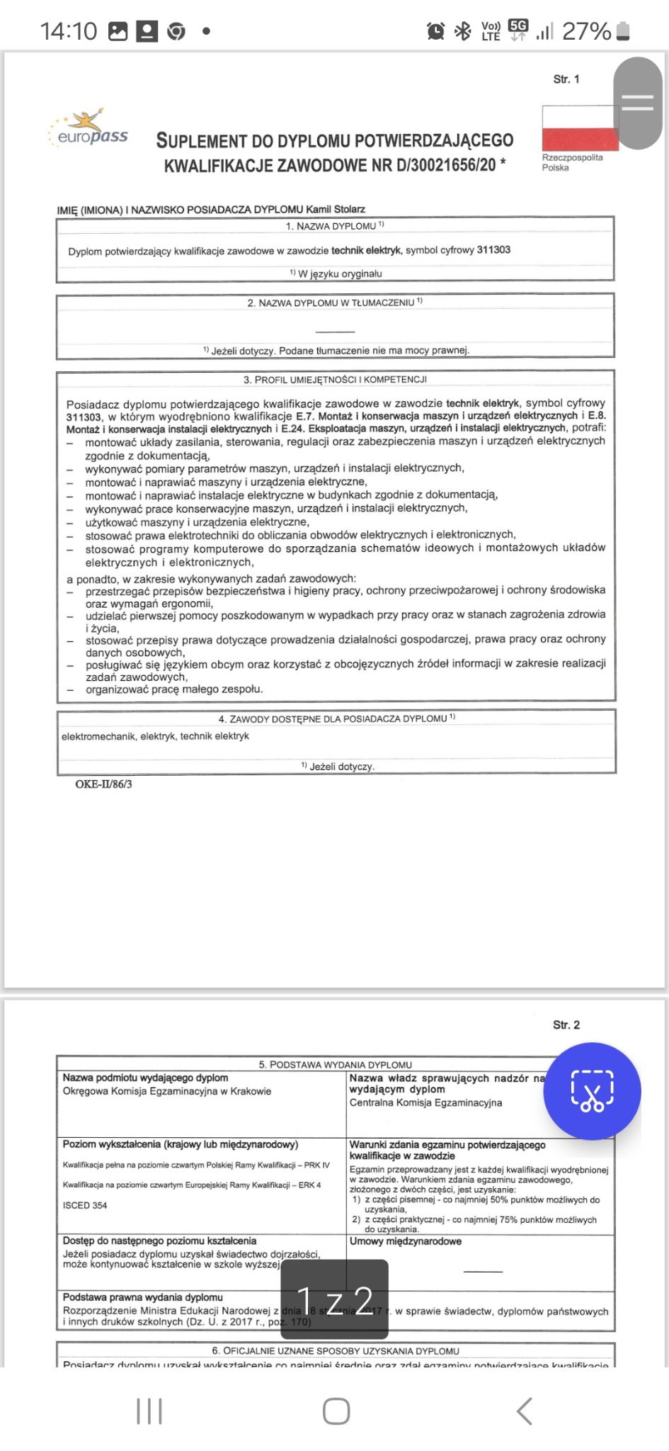 Skan dyplomu potwierdzającego kwalifikacje zawodowe technika elektryka, wydany przez Okręgową Komisję Egzaminacyjną w Krakowie, z wyszczególnionymi umiejętnościami i kompetencjami, w tym montaż...